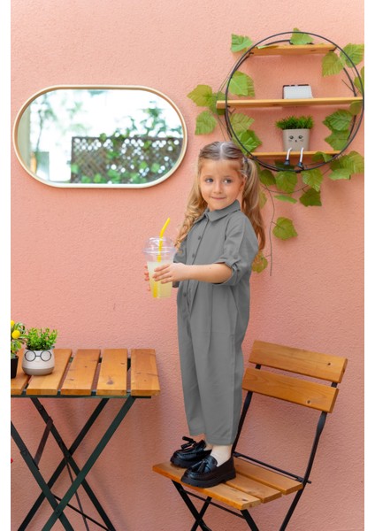 Yakalı Pileli Tencel Tulum 2-7 Yaş Gri