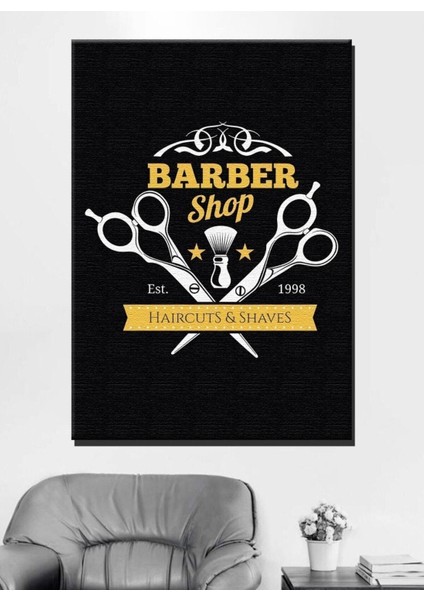 Dekoratif Özel Erkek Berber Siyah Sarı Berbershop Kanvas Tablo