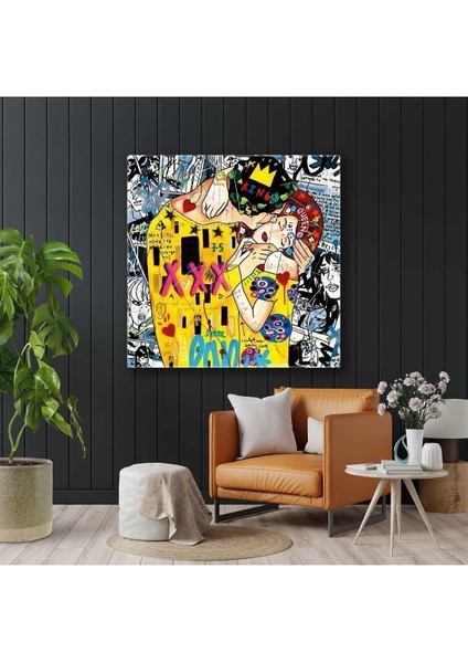 Gustav Klimt Grafitti Öpücük Tablosu Sokak Sanatı Kare Kanvas Tablo