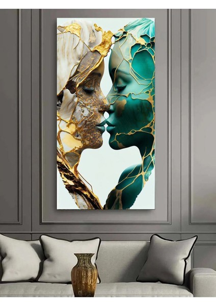 Dev Boyut Tasarım Yeşil Gold Kiss Aşk Hd Kanvas Tablo