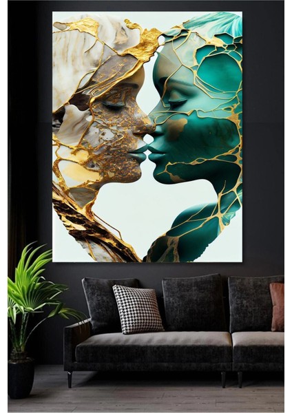 Dev Boyut Tasarım Yeşil Gold Kiss Aşk Hd Kanvas Tablo