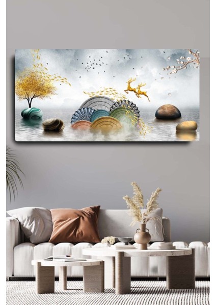 Dekoratif Soyut Altın Geyik Ve Taşlar Kanvas Duvar Tablosu 120x60cm Büyük Boy Tablo 120x60 Cm fiyatları
