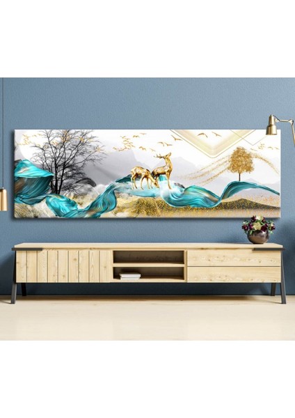 Modern Manzara Ve Gold Geyikler Dekoratif Kanvas Tablo
