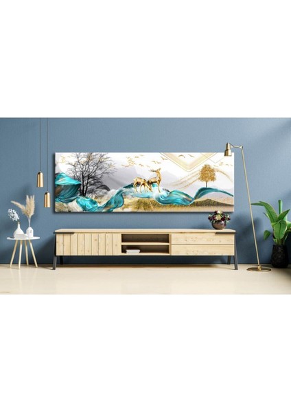Modern Manzara Ve Gold Geyikler Dekoratif Kanvas Tablo