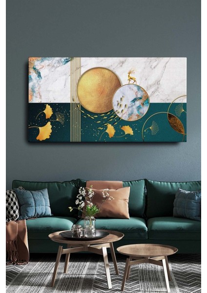 Dekoratif Soyut Altın Geyik Ve Balıklar Sürreal Kanvas Duvar Tablosu 120x60cm Büyük Boy Tablo