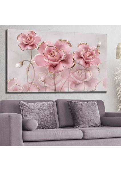 Pembe-Gold Detaylı Üç Boyutlu Gül - Kanvas Tablo 60x120cm-Hykvs-515
