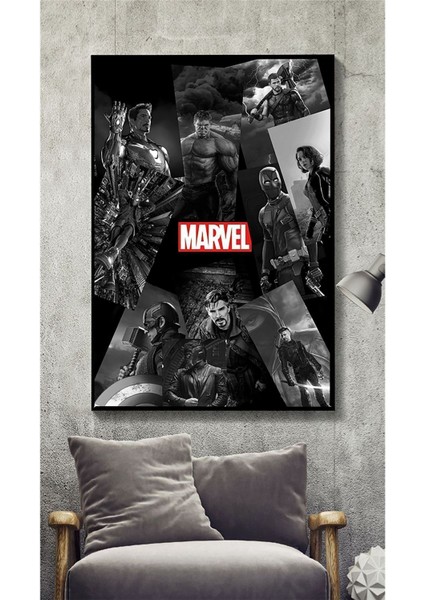 Marvel Temalı Siyah Ahşap Kanvas Tablo