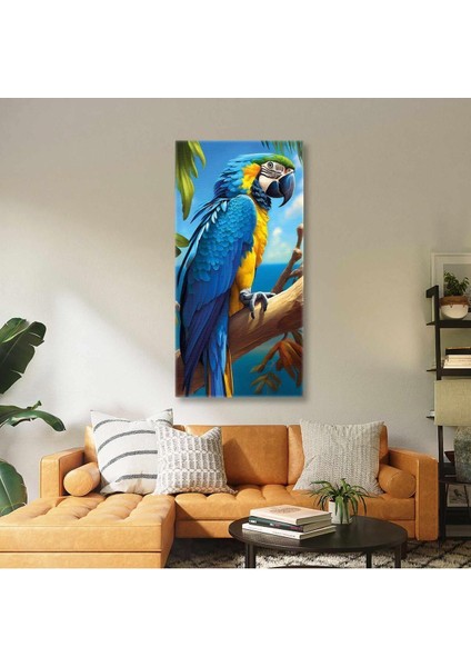 Mavi Ve Sarı Macaw Papağanı Trorik Hayvan Boyuna Dikey Kanvas Tablo