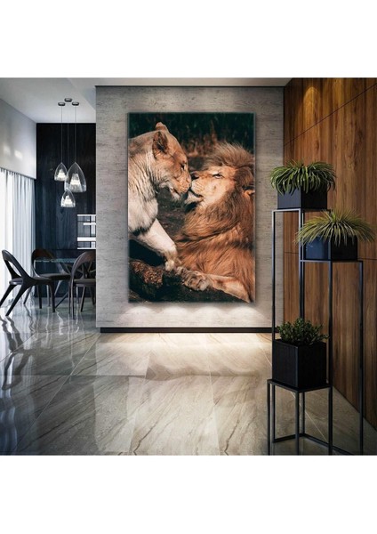 Ormanlar Kralı Aslan Ve Ailesi Doğa Love Hayvan Dikey Kanvas Tablo