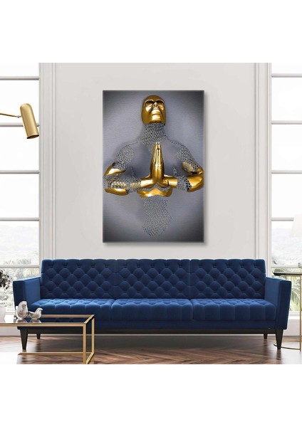 Gold Detaylı Dua Eden Metal Adam Dikey Kanvas Tablo