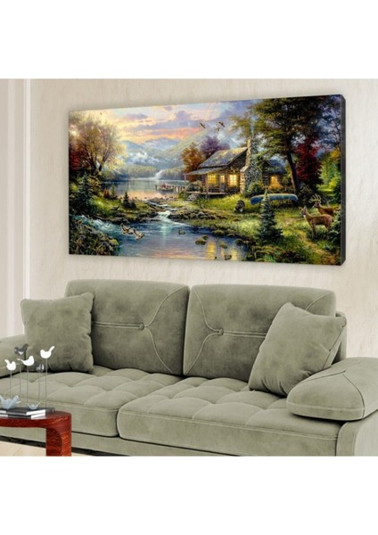 Orman Evi Göl Yağlı Boya Görünüm Kanvas Tablo 60x120cm