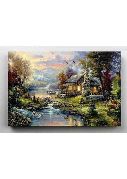 Orman Evi Göl Yağlı Boya Görünüm Kanvas Tablo 60x120cm