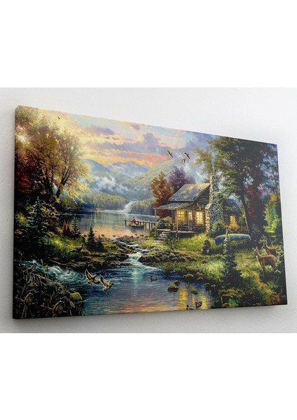 Orman Evi Göl Yağlı Boya Görünüm Kanvas Tablo 60x120cm
