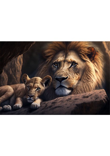 Aslan Ve Aslan Yavrusu Kanvas Tablo