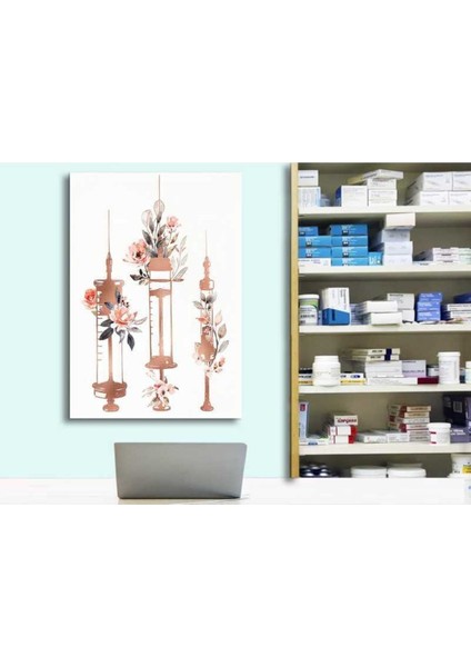 Eczane Eczacı Enjektör Şırınga Temalı Çiçekli Tablo
