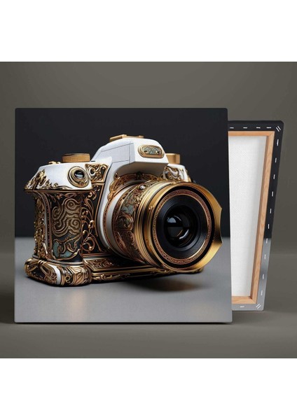 Gold Barok Desenli Fotoğraf Makinası Objektif Kare Kanvas Tablo