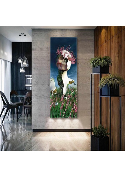 Çimler Ve Pembe Çiçekler Içindeki Heykel Panoramik Dikey Kanvas Tablo