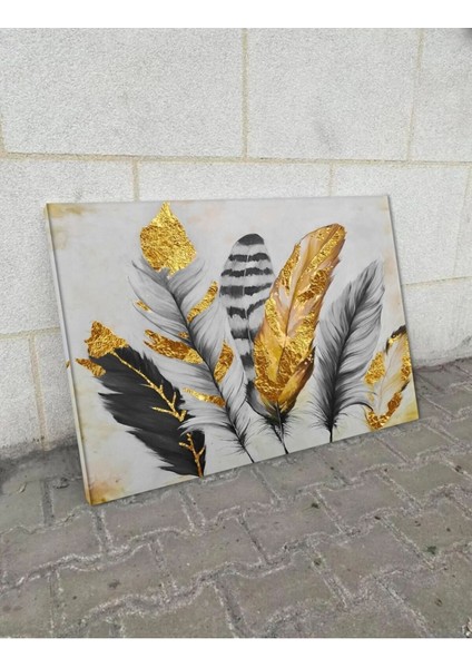 Yağlı Boya Efektli Kuş Tüyleri Tablosu (Siyah - Beyaz Kombini) fiyatları