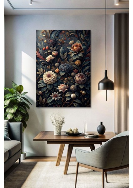 Koyu Renklerde Modern Çiçekler Kanvas Tablo - Duvar Tablosu - Canvas Tablo - Duvar Dekorasyonu