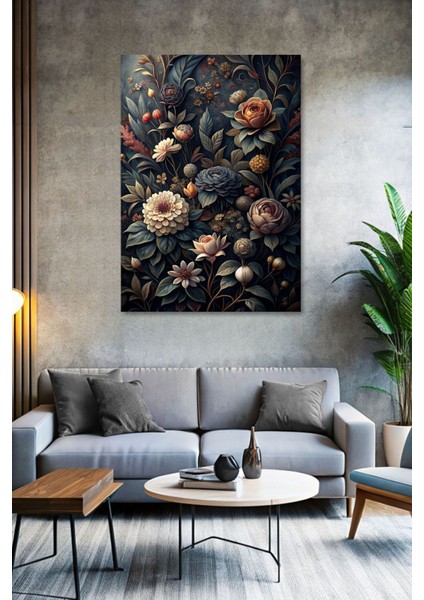 Koyu Renklerde Modern Çiçekler Kanvas Tablo - Duvar Tablosu - Canvas Tablo - Duvar Dekorasyonu