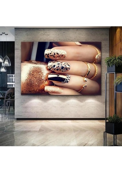 Pırlanta Tırnak Gold Makyaj Kuaför Güzellik Salonu Dekor Kanvas Tablo