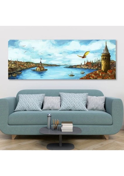 Hezarfen Ahmed Celebi İle Eski Istanbul Manzarası Panoramik Kanvas Tablo
