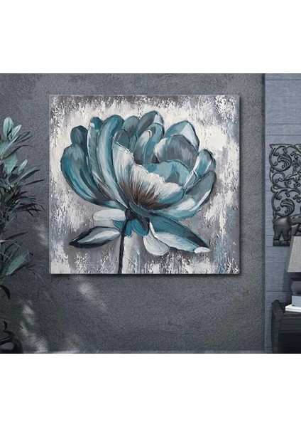 Yağlı Boya Görünümlü Hd Mavi Çiçek Kanvas Tablo