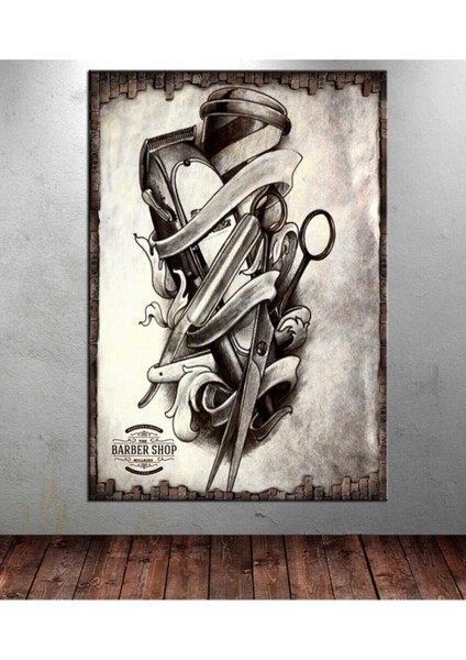 Gri Berber Dükkanı Tablosu Berber Aletleri Kanvas Tablo
