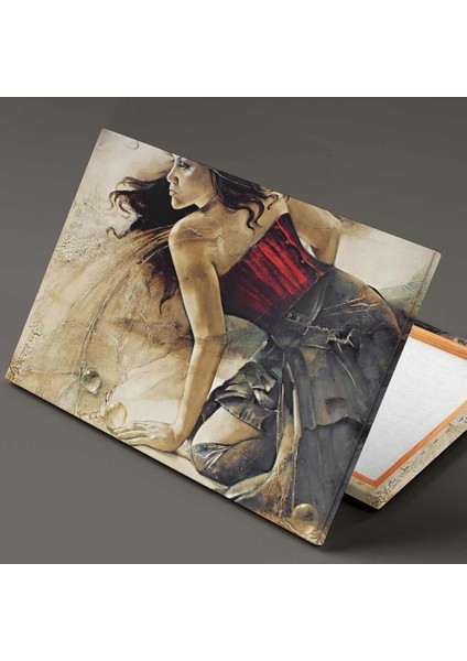 Kırmızı Korseli Saçları Uçuşan Model Yatay Kanvas Tablo fiyatları