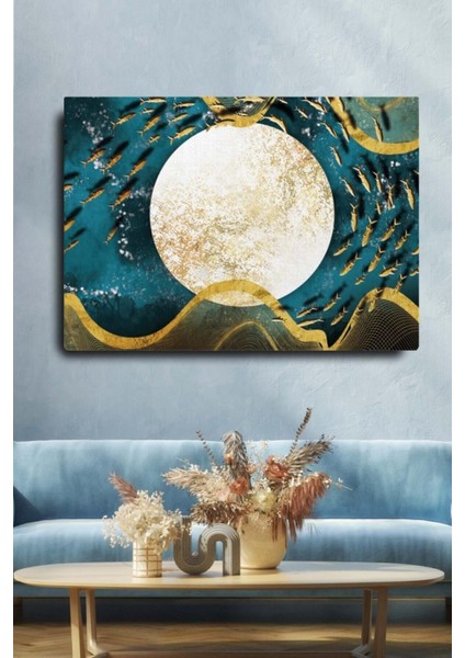 Dekoratif Soyut Altın Balıklar Sürreal Kanvas Duvar Tablosu 70x100 Cm