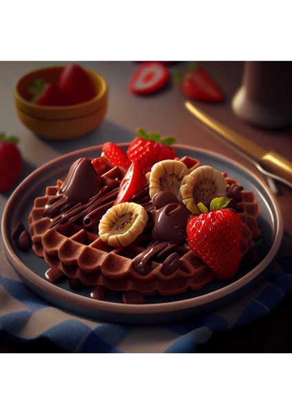 Çilek Muz Ve Çikolatalı Waffle Görünümlü Pastahane Kafe Kafeterya Ve Mutfağa Asmalık Kanvas Tablo