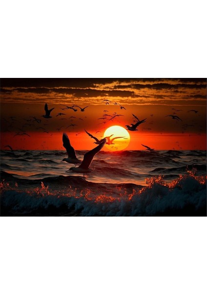 Gün Batımı Martılar Ve Denız Manzaralı Kanvas Tablo
