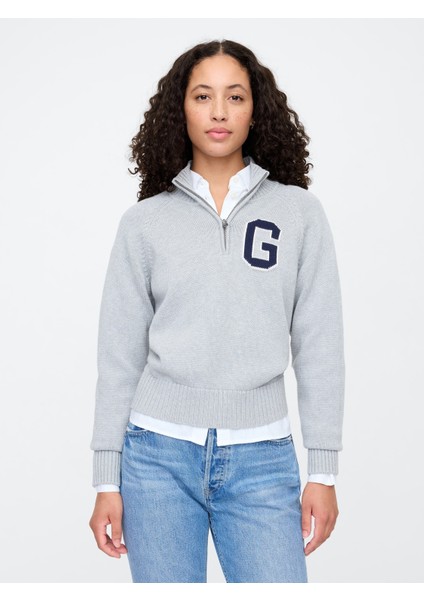 Kadın Gri Gap Logo Yarım Fermuarlı Pullover Kazak