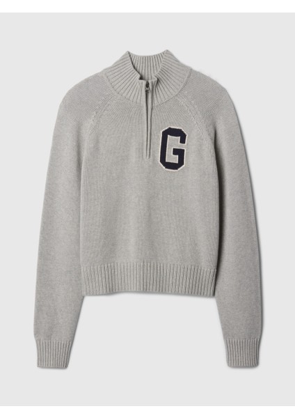 Kadın Gri Gap Logo Yarım Fermuarlı Pullover Kazak