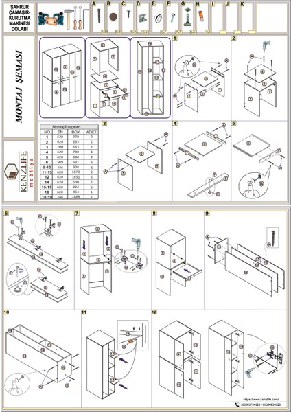 Kenzlife çamaşır-kurutma makinesi dolabı şahrurmdf sol byz 187*120*60 çekmeceli % 100 FULL MDF