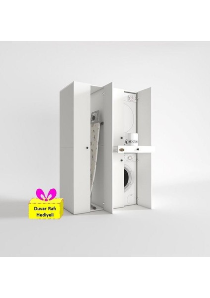 Kenzlife çamaşır-kurutma makinesi dolabı şahrur sol byz 187*120*60 çekmeceli + tekli duvar rafı hediye