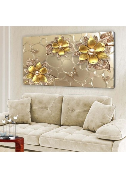 Üç Boyutlu Gold Taşlı Çiçekler - Kanvas Tablo 60x120cm-Hykvs-430