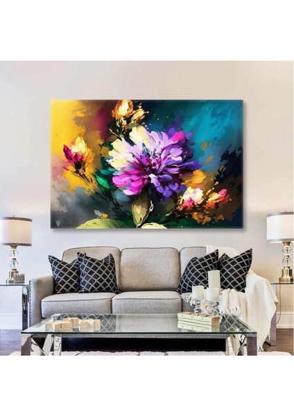 Renkli Çiçek Demeti Mor Krizantem Fırça Izleri Doğa Dekoratif Kanvas Tablo Ar030235