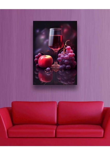 Meyve Görselli Ve Şarap Dolu Su Bardağı Içerikli Kafeterya Mutfak Kafelere Asmalık Kanvas Tablo