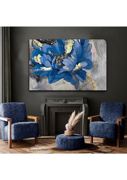 Çiçek Tablosu Yağlı Boya Efetkli Petrol Mavisi 3