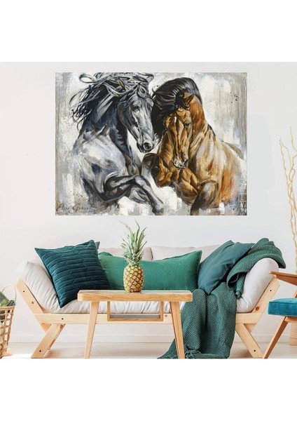 Soyut Modern Kahverengi Yeleli Beyaz At Duvar Kanvas Tablosu Tablo Tabloları