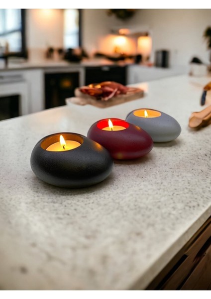 Three Drops Minimal Dekoratif Beton Tealight Mumluk 3'lü Set | Siyah-Bordo-Gri |