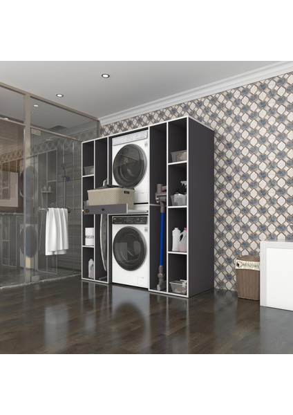 Kenzlife çamaşır-kurutma makinesi dolabı sadra gri 187*170*60 çekmeceli raflı banyo