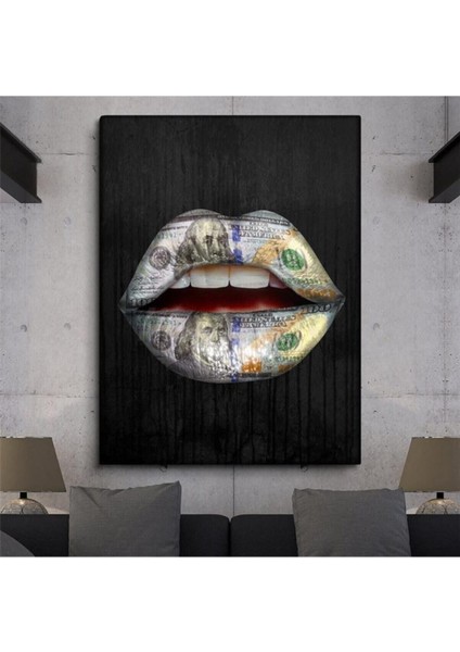 Dolar Baskılı Dudaklar Kanvas Tablo