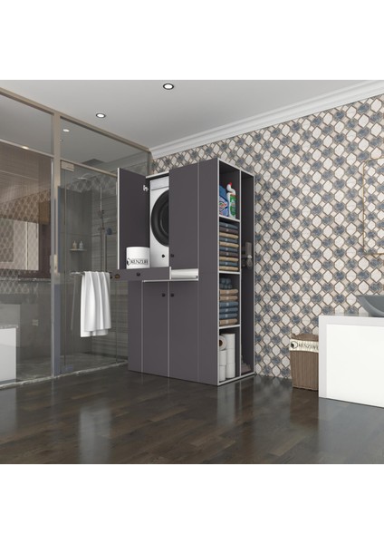 Kenzlife çamaşır-kurutma makinesi dolabı biruni gri 187*110*60 çekmeceli raflı banyo