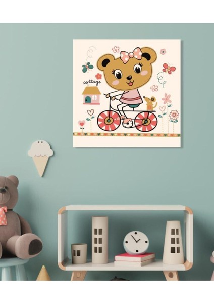 Dekoratif Çocuk Odası Bike Teddy Bear Duvar Kanvas Tablo