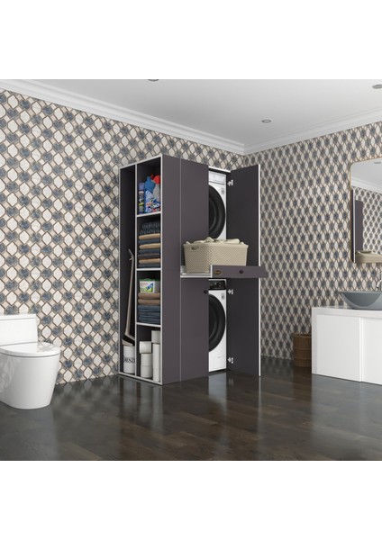 Kenzlife çamaşır-kurutma makinesi dolabı ahi evran sol gri 187*090*60 çekmeceli banyo