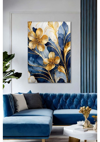 Mavi Gold Çiçekler Kanvas Tablo - Duvar Tablosu - Canvas Tablo Duvar Dekorasyonu