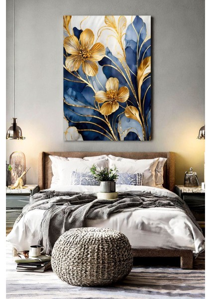 Mavi Gold Çiçekler Kanvas Tablo - Duvar Tablosu - Canvas Tablo Duvar Dekorasyonu