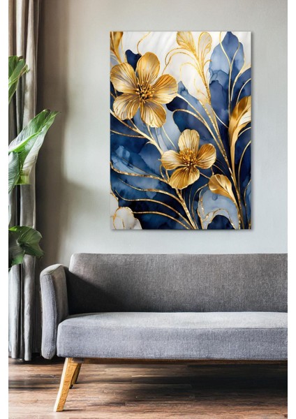 Mavi Gold Çiçekler Kanvas Tablo - Duvar Tablosu - Canvas Tablo Duvar Dekorasyonu